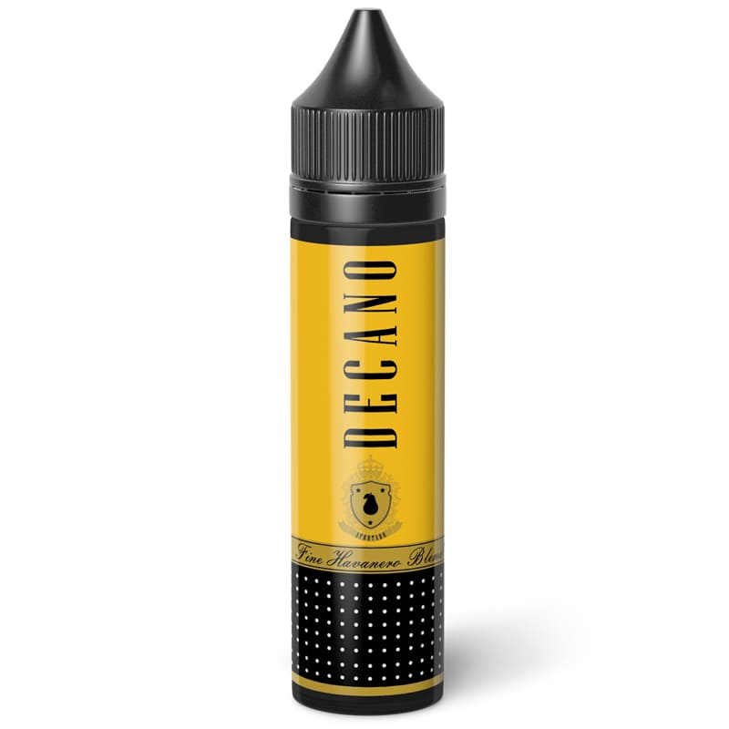 Flacon d'e-liquide Decano 50ml avec étiquette jaune et noire, bouchon noir et logo de blason sur fond blanc.