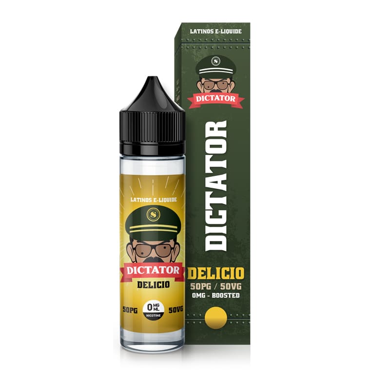 Flacon d'e-liquide Delicio 50ml Savourea avec boîte cartonnée verte, logo Dictator et étiquette jaune dorée.