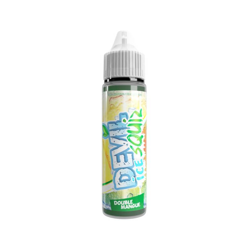Flacon 50ml de e-liquide Devil Squiz ICE Double Mangue par Avap avec étiquette colorée et bouchon blanc.