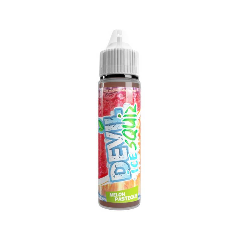 Flacon de 50ml Devil Squiz ICE Melon Pastèque avec étiquette colorée aux motifs fruités sur fond blanc.