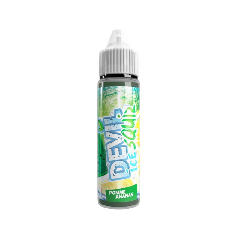 Flacon de 50ml Devil Squiz ICE Pomme Ananas AVAP, étiquette verte et jaune avec bouchon blanc sur fond blanc.