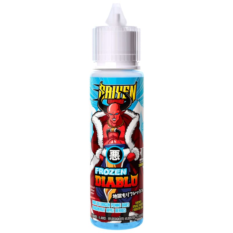 Flacon de 50ml Frozen Diablo Saiyen Vapors avec étiquette illustrée d'un personnage rouge et bouchon blanc sur fond bleu.