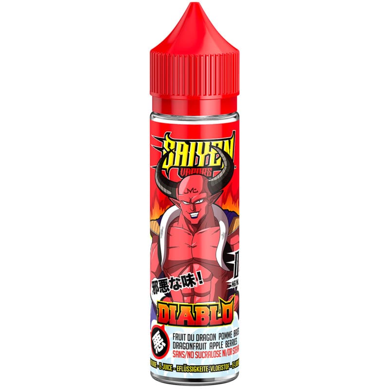 Flacon d'e-liquide Diablo 50ml Saiyen Vapors avec bouchon rouge et illustration de personnage démon rouge style manga.