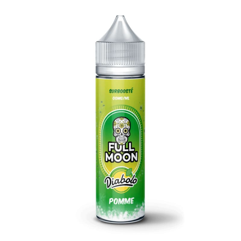 Flacon de 50ml d'e-liquide Full Moon Diabolo Pomme, étiquette verte avec tête de mort stylisée et bouchon blanc sécurisé.