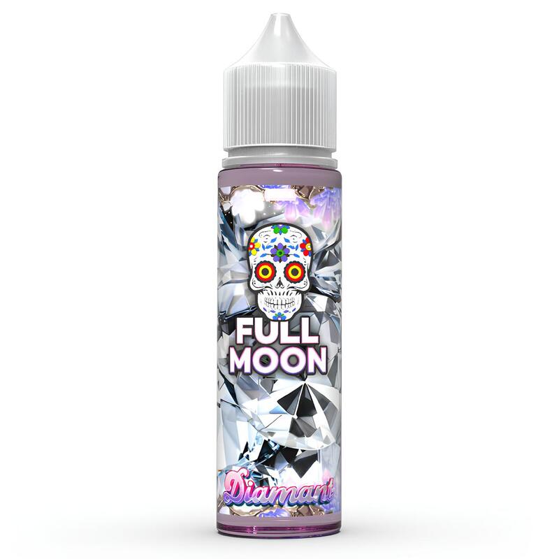 Flacon d'e-liquide Full Moon Diamant 50ml avec étiquette illustrée d'un crâne coloré sur fond de diamants étincelants.