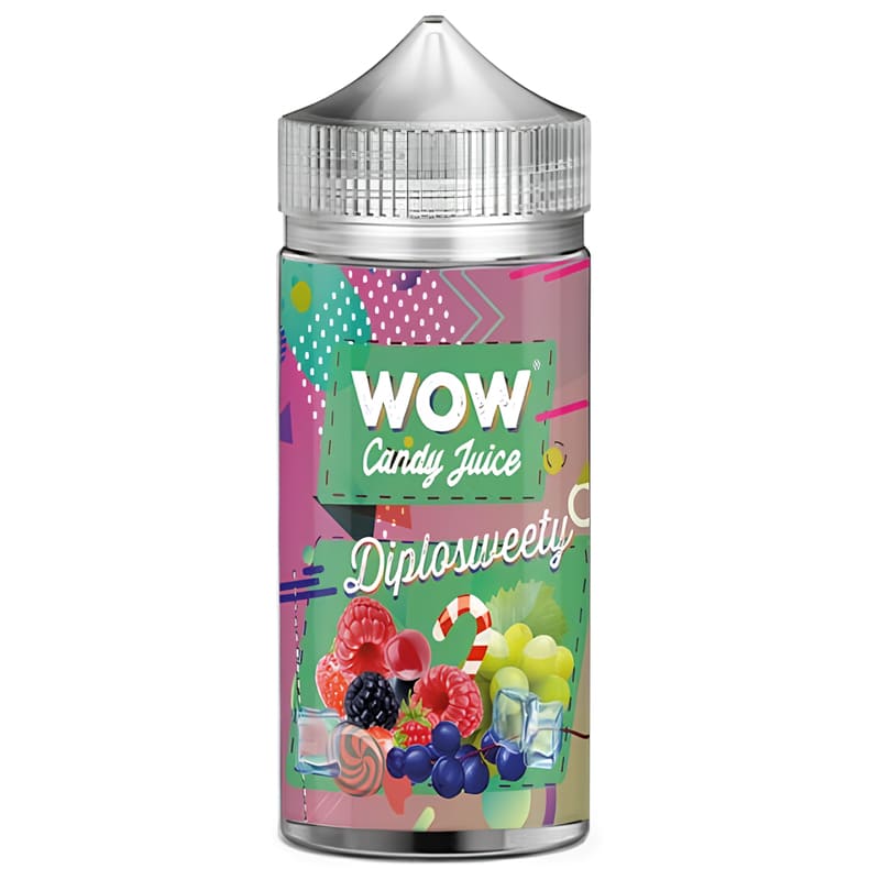 Flacon de 100ml d'e-liquide Diplosweety Wow Candy Juice avec étiquette colorée illustrant des fruits rouges et du raisin.