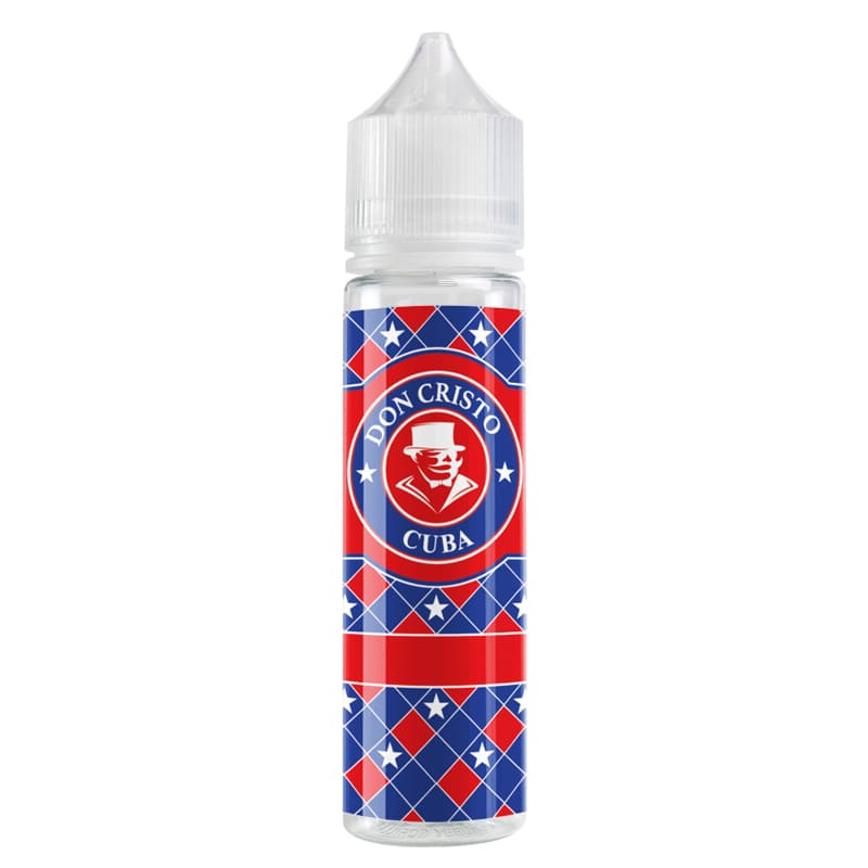 Flacon d'e-liquide Don Cristo Cuba 50ml avec étiquette à motifs losanges rouges, bleus et blancs et logo cigare.