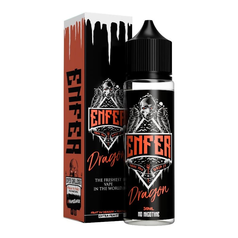 Flacon de 50ml et boîte E-liquide Enfer Dragon avec design noir, orange et illustration gothique de tête de mort.