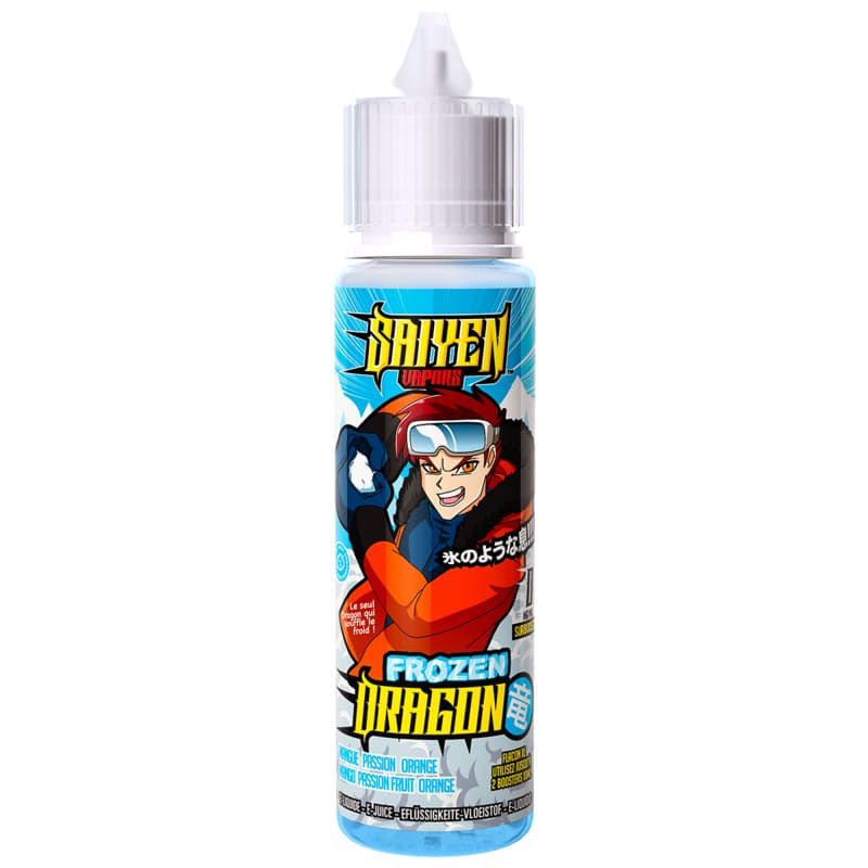 Flacon de 50ml Frozen Dragon Saiyen Vapors avec illustration manga sur fond bleu glacé et bouchon blanc.
