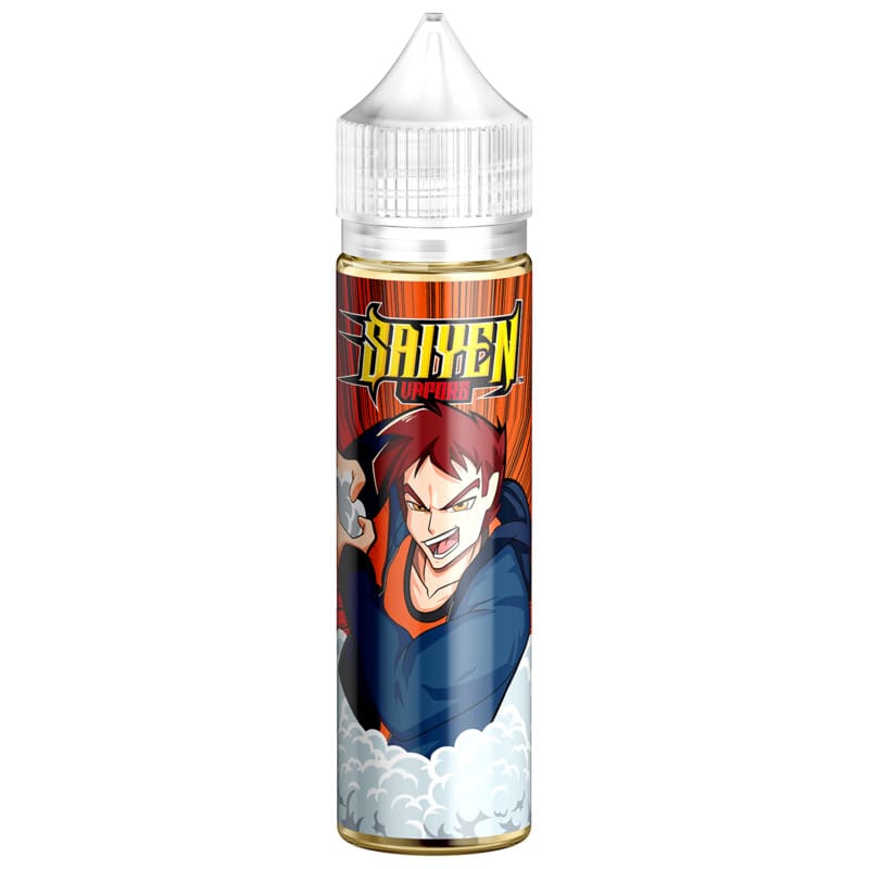 Flacon 50ml de e-liquide Saiyen Vapors Dragon avec illustration style manga, bouchon blanc et étiquette orange dynamique.