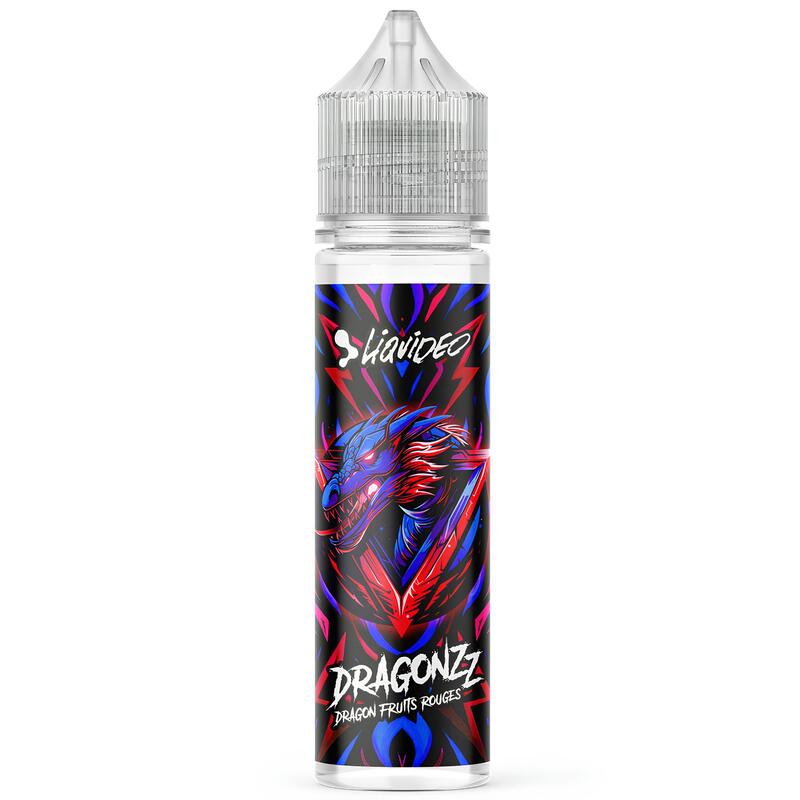 Flacon d'e-liquide Liquideo Dragonzz 50ml avec étiquette illustrée d'un dragon bleu et rouge sur fond noir.