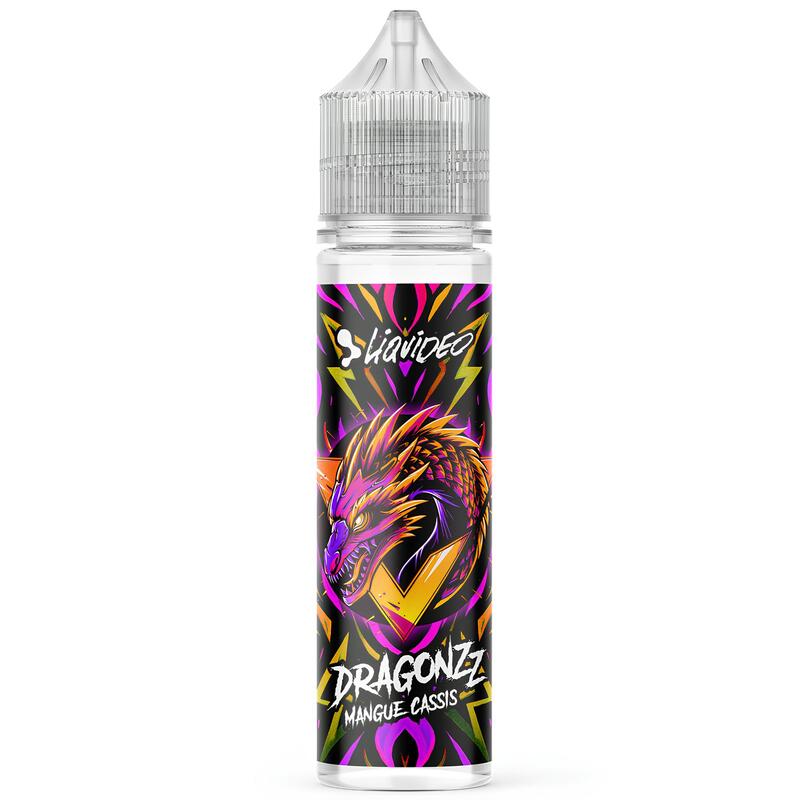 Flacon d'e-liquide Liquideo Dragonzz 50ml avec étiquette colorée illustrant un dragon sur fond géométrique vibrant.