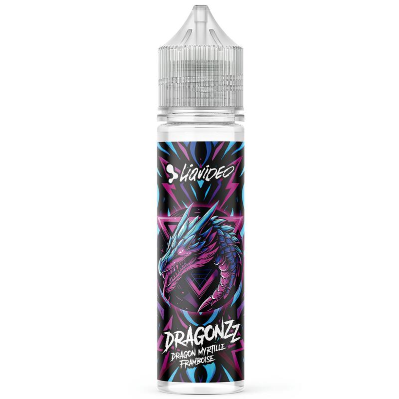 Flacon d'e-liquide Liquideo Dragonzz 50ml avec étiquette illustrée d'un dragon aux tons bleu et rose néon.