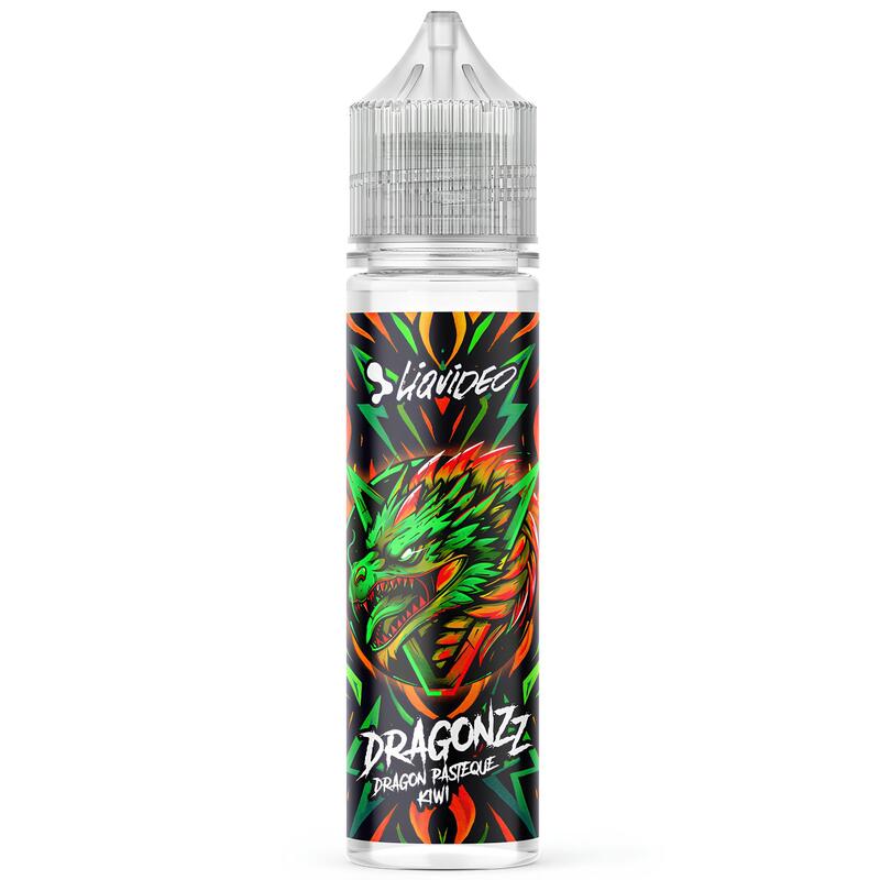 Flacon d'e-liquide Liquideo Dragonzz 50ml avec étiquette illustrée d'un dragon vert et orange sur fond noir géométrique.