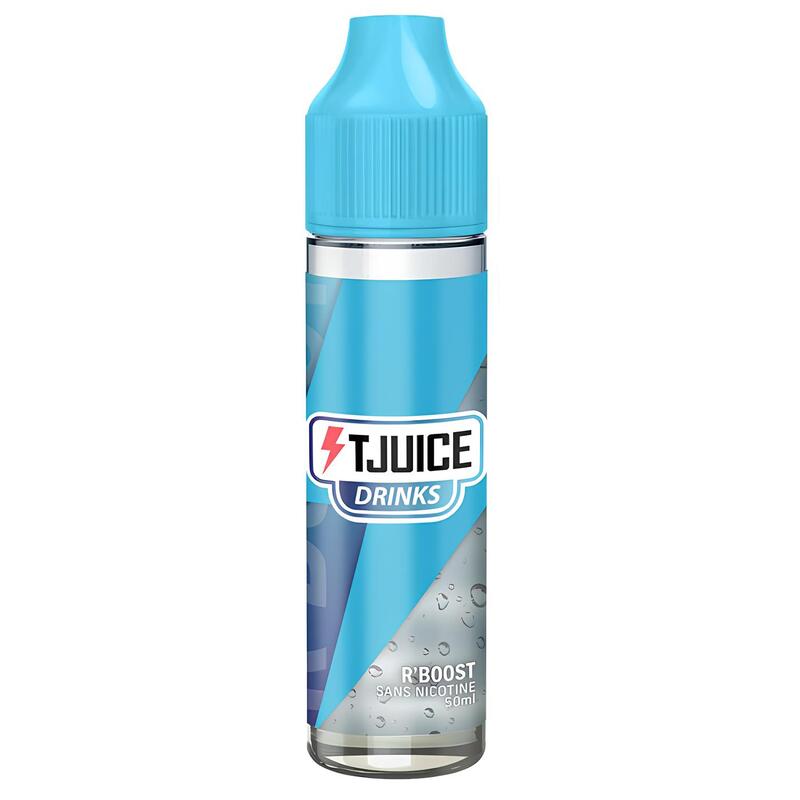 Flacon d'e-liquide T-Juice R'Boost 50ml avec bouchon bleu, étiquette graphique aux tons bleus et logo Drinks sur fond blanc.