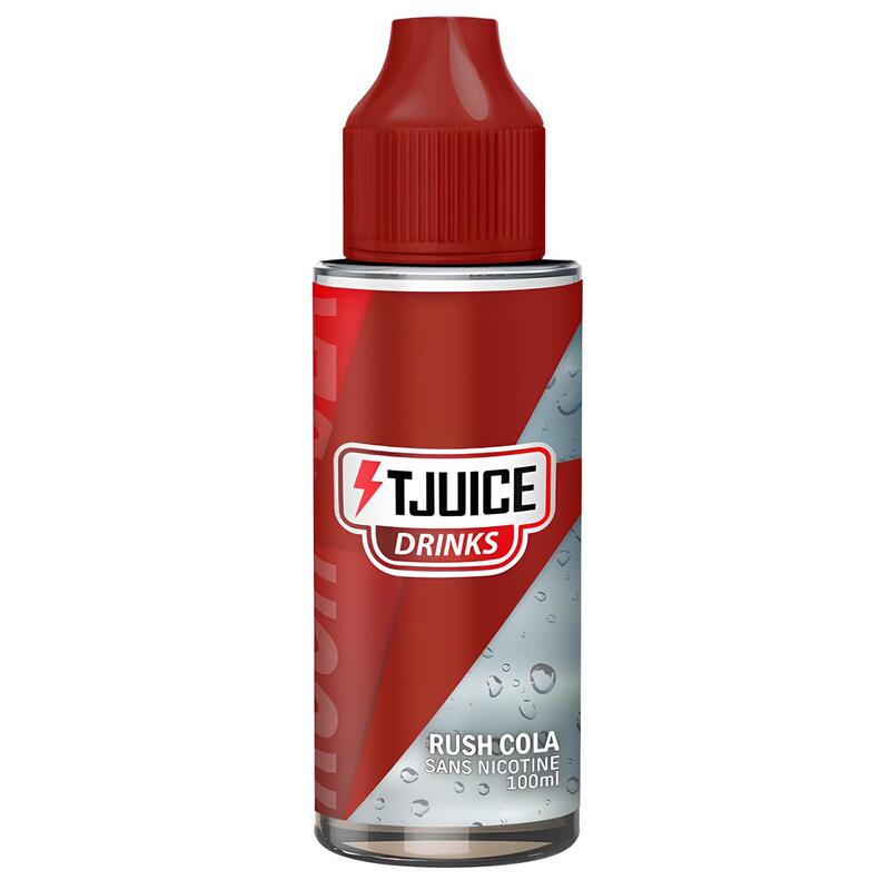 Flacon d'e-liquide T-Juice Rush Cola 100ml avec bouchon rouge, étiquette graphique rouge et grise effet soda pétillant.