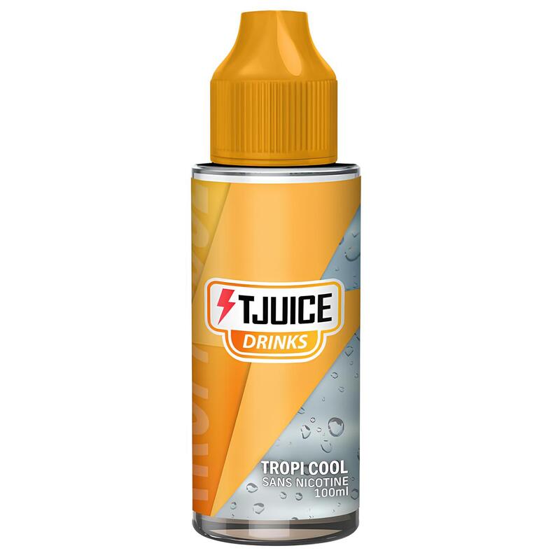 Flacon d'e-liquide T-Juice Tropi Cool 100ml avec bouchon orange, étiquette jaune et grise aux motifs de gouttes d'eau.