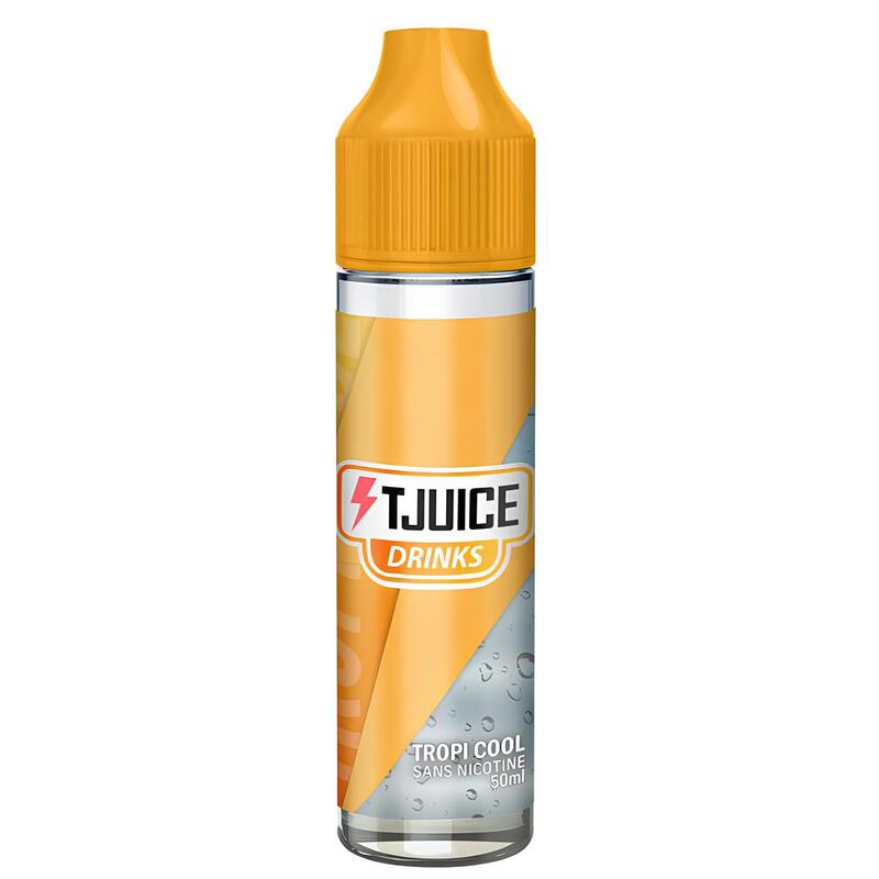 Flacon d'e-liquide T-Juice Drinks Tropi Cool 50ml avec bouchon orange et étiquette aux tons fruités et acidulés.