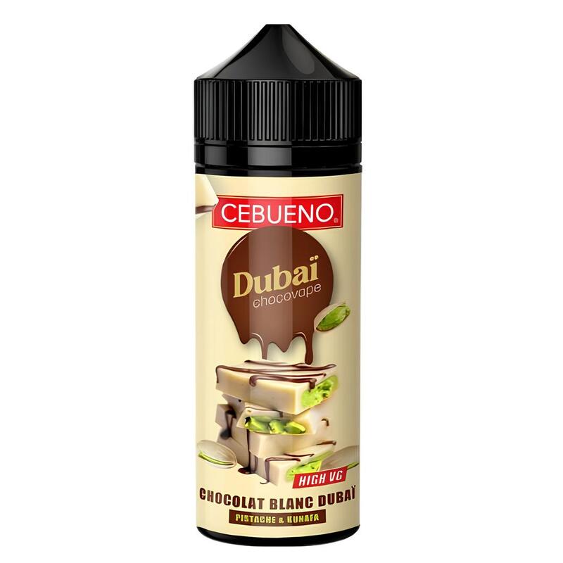 Flacon 100ml Cebueno Dubaï Chocovape White avec étiquette illustrée de chocolat blanc, pistaches et kunafa.