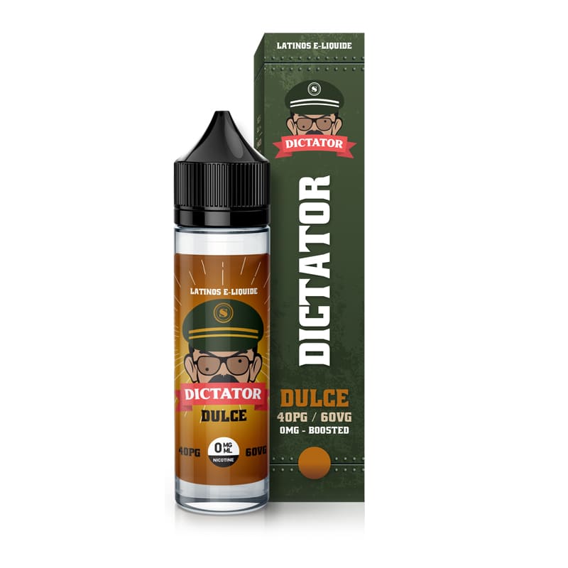 Flacon de 50ml et boîte cartonnée verte Dulce Dictator Savourea avec illustration de personnage et détails techniques.