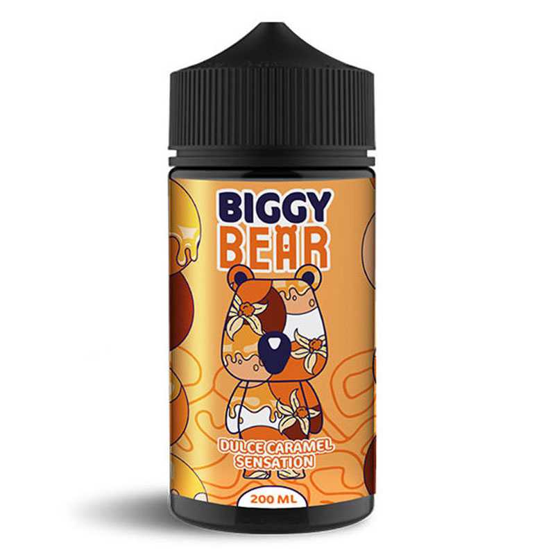 Flacon de 200ml Biggy Bear Dulce Caramel Sensation avec étiquette orange illustrée d'un ours et bouchon noir.