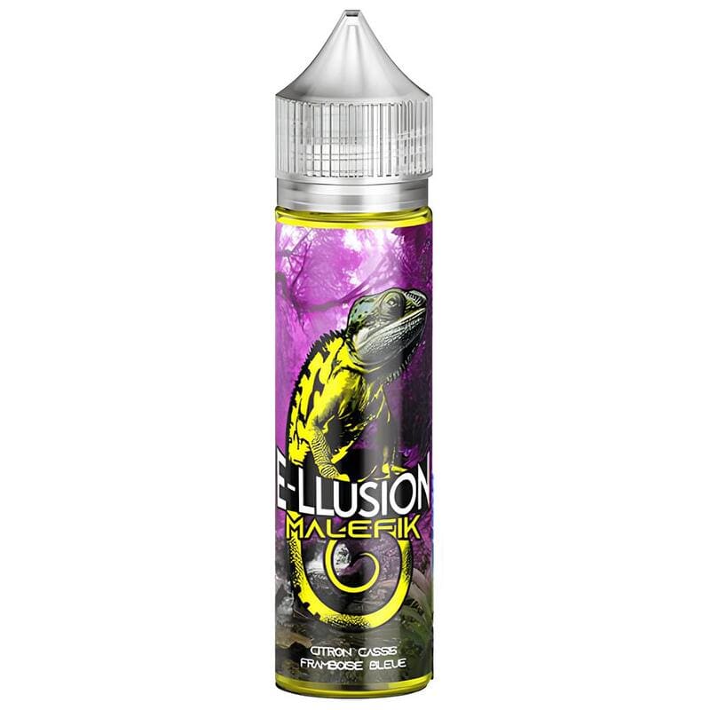 Flacon 50ml E-liquide E-llusion Malefik avec étiquette illustrée d'un lézard jaune sur fond violet et bouchon transparent.