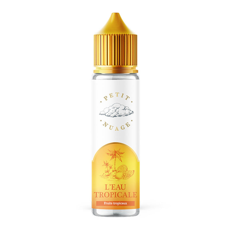 Flacon d'e-liquide Petit Nuage Eau Tropicale 50ml avec bouchon jaune, étiquette blanche et illustration de fruits exotiques.