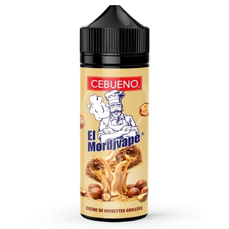 Flacon d'e-liquide Cebueno El Mordjvape 100ml avec étiquette illustrée d'un chef et de noisettes sur fond crème.