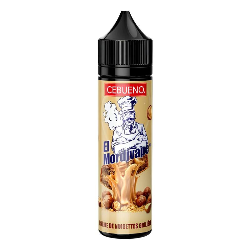 Flacon d'e-liquide 50ml Cebueno El Mordjvape avec étiquette illustrée d'un chef, noisettes et crème onctueuse.