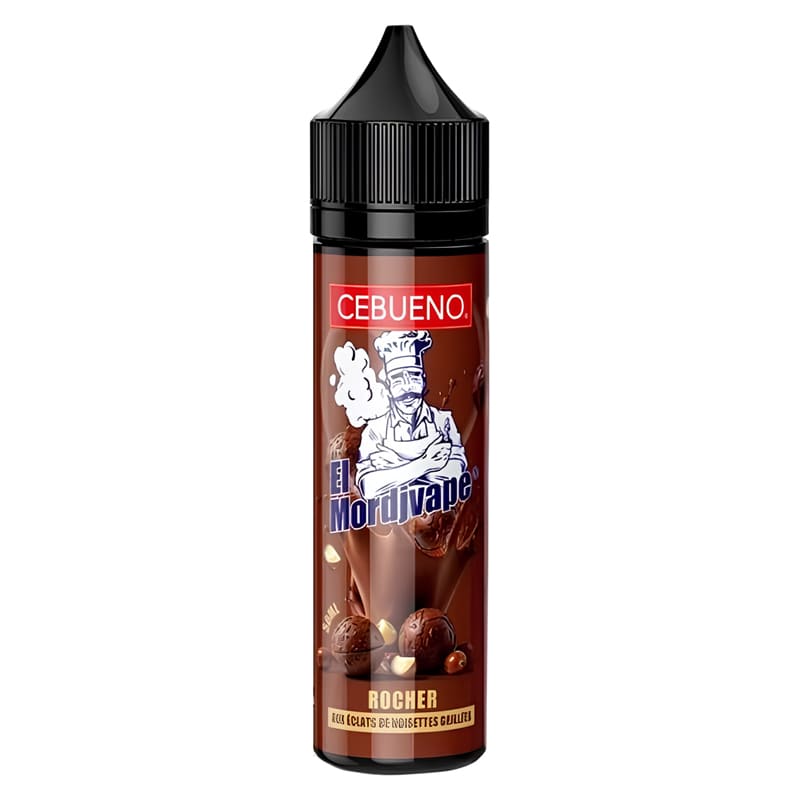 Flacon d'e-liquide Cebueno El Mordjvape Rocher 50ml, étiquette marron avec illustration de chef, chocolat et noisettes.