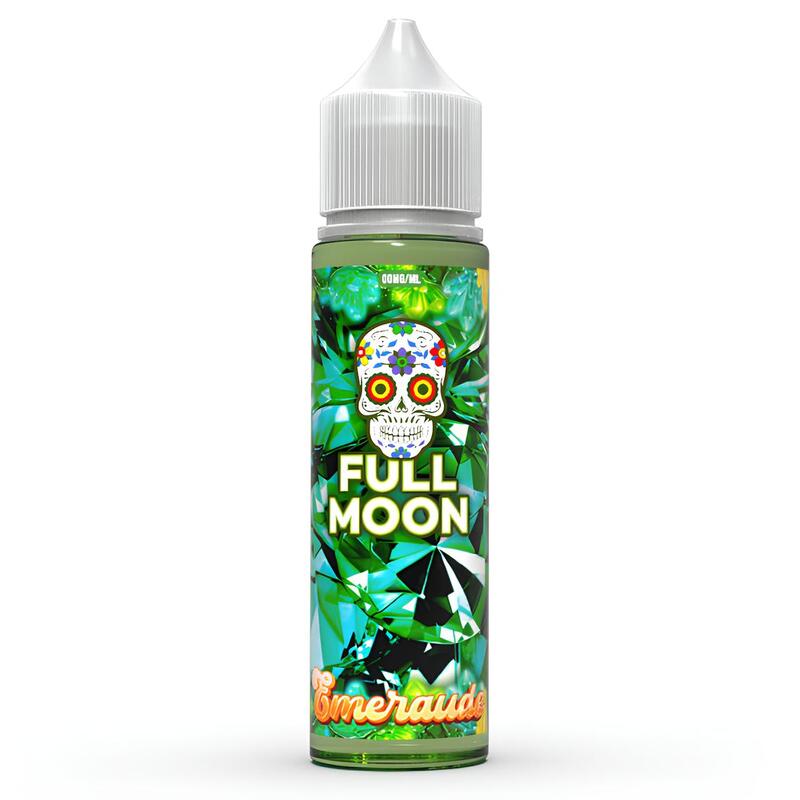 Flacon d'e-liquide Full Moon Émeraude 50ml avec étiquette illustrée d'un crâne coloré sur fond de diamants verts.