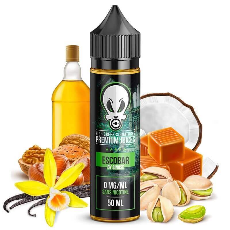 Flacon d'e-liquide High Creek Escobar 50ml entouré de vanille, pistaches, noix de coco, caramel et bourbon.