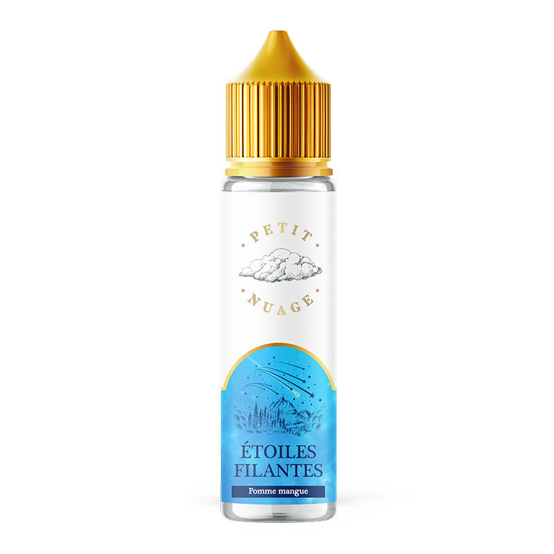 Flacon d'e-liquide Petit Nuage Étoiles Filantes 50ml avec bouchon doré et étiquette illustrée bleue sur fond blanc.