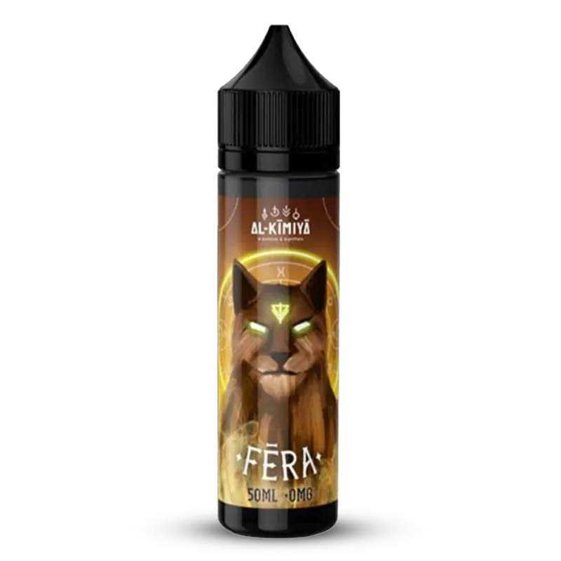 Flacon de 50ml d'e-liquide Al-Kimiya Fera avec étiquette illustrée d'un félin mystique sur fond doré et bouchon noir.
