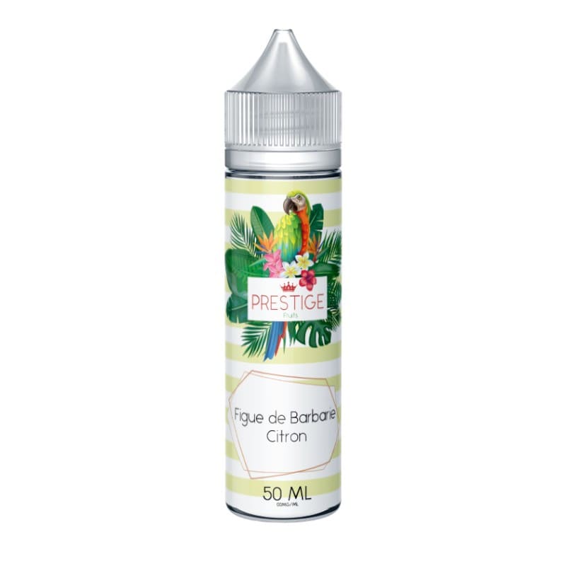 Flacon d'e-liquide 50ml Prestige Fruits Figue de Barbarie & Citron avec étiquette tropicale illustrée d'un perroquet.
