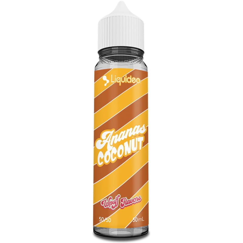 Flacon de 50ml d'e-liquide Liquideo Wpuff Ananas Coconut avec étiquette rayée orange et jaune et bouchon blanc.