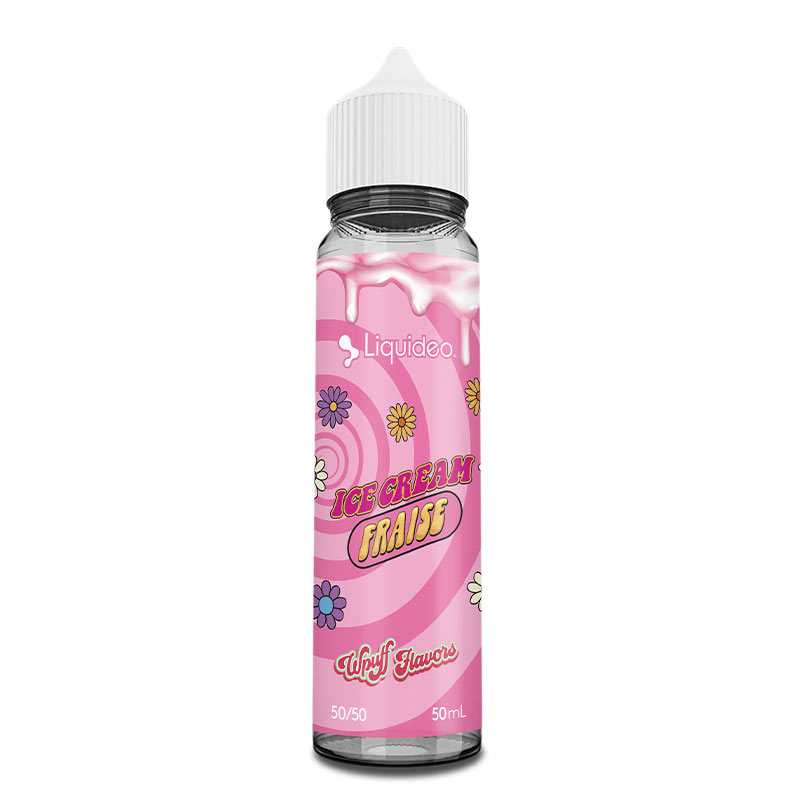 Flacon d'e-liquide Liquideo Ice Cream Fraise 50ml avec étiquette rose à motifs de fleurs et tourbillons gourmands.