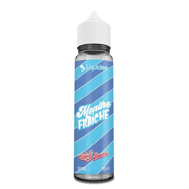 Flacon d'e-liquide Liquideo Menthe Fraîche 50ml avec étiquette bleue à rayures diagonales et bouchon blanc.