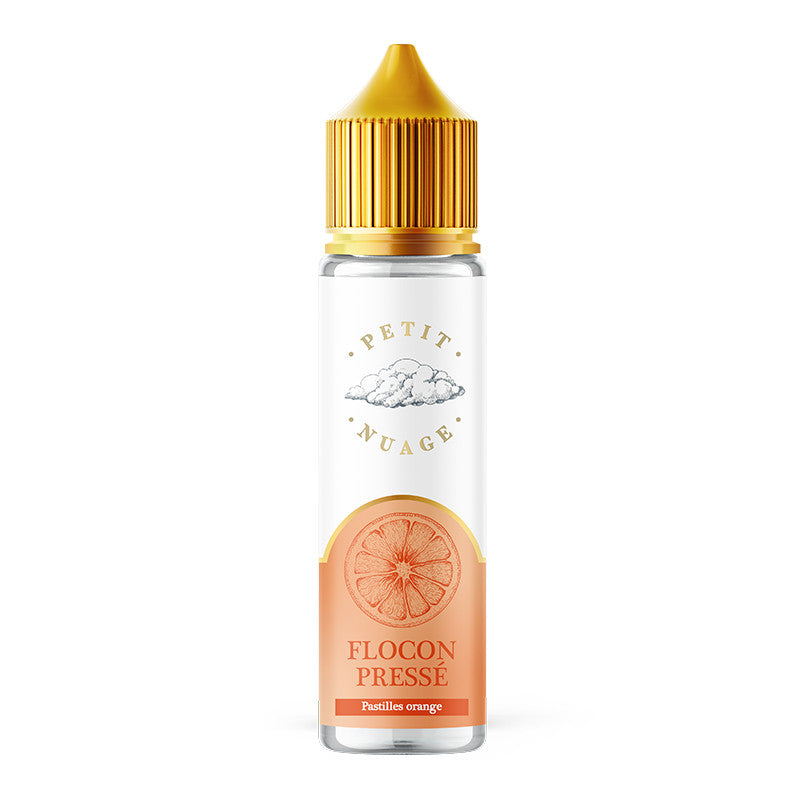 Flacon 50ml Petit Nuage Flocon Pressé avec bouchon doré et étiquette illustrée d'une tranche d'orange sur fond pêche.