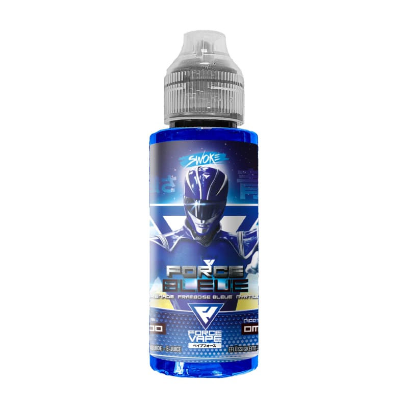 Flacon de 100ml d'e-liquide Force Bleue Swoke avec étiquette illustrée d'un personnage bleu style super-héros.