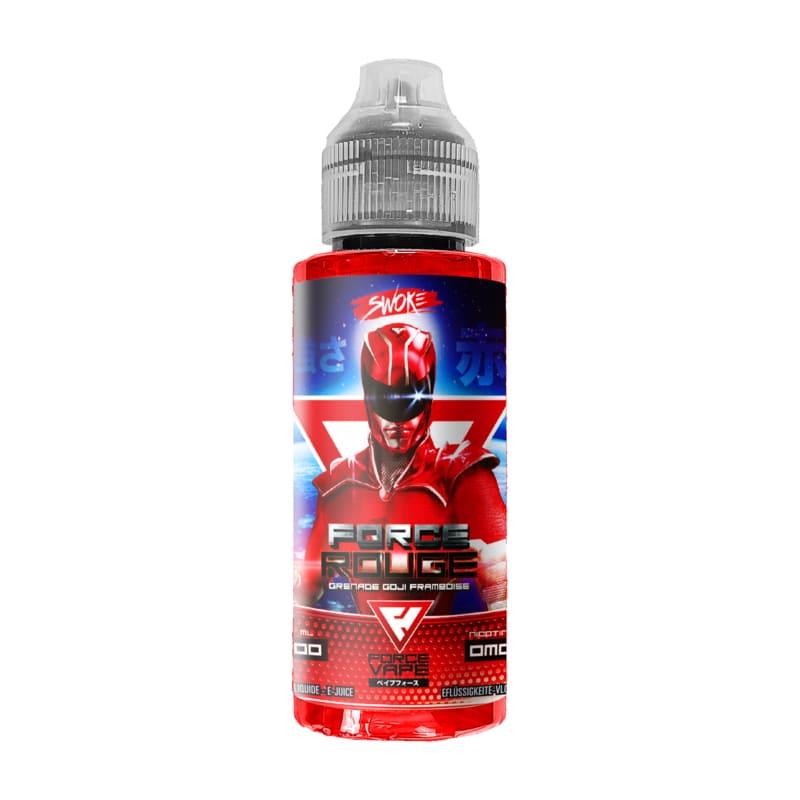 Flacon de 100ml d'e-liquide Force Rouge Swoke avec étiquette rouge illustrée d'un personnage de type super-héros.