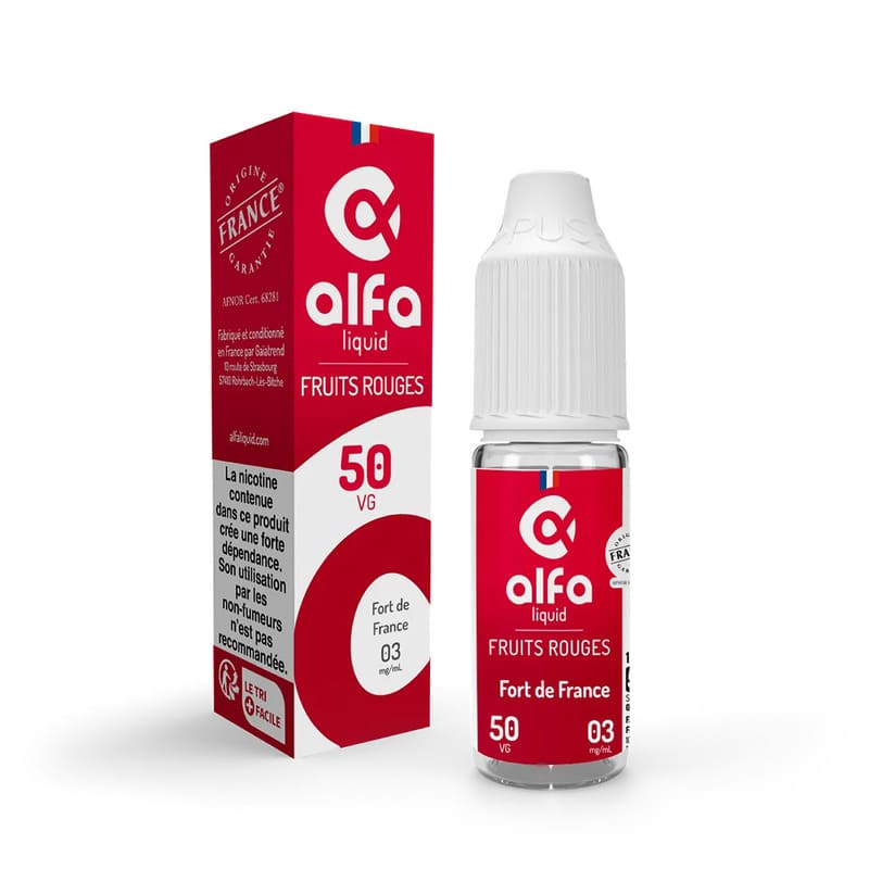 Flacon d'e-liquide Alfaliquid Fort de France 10ml rouge et blanc avec sa boîte en carton assortie.