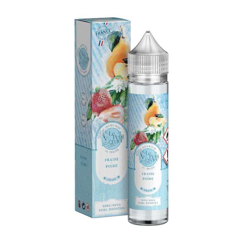 Flacon de 50ml et boîte Le Petit Verger Fraise Poire avec illustrations de fruits frais sur fond bleu clair.