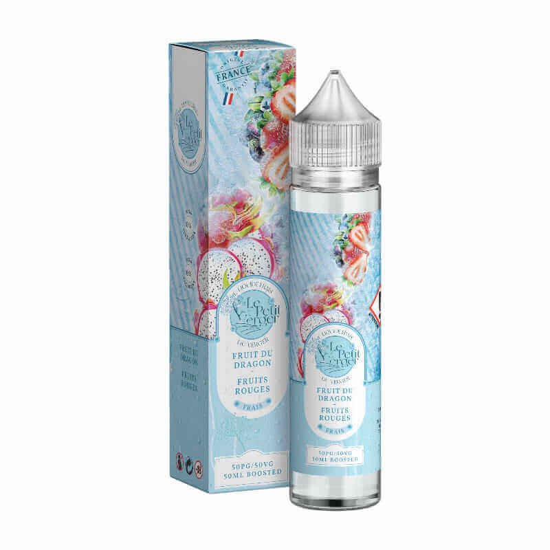 Flacon de 50ml et boîte Le Petit Verger Savourea, illustrés de fruits du dragon et fruits rouges sur fond bleu clair.