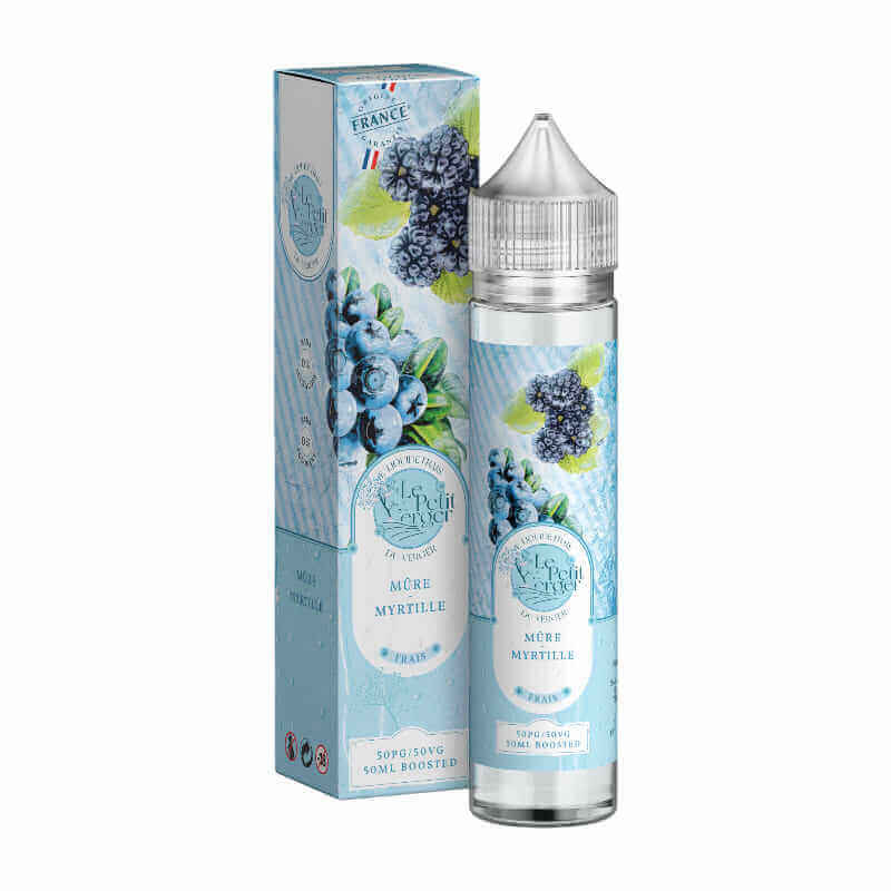 Flacon et boîte d'e-liquide Le Petit Verger Mûre Myrtille 50ml avec illustrations de baies bleues sur fond bleu clair.