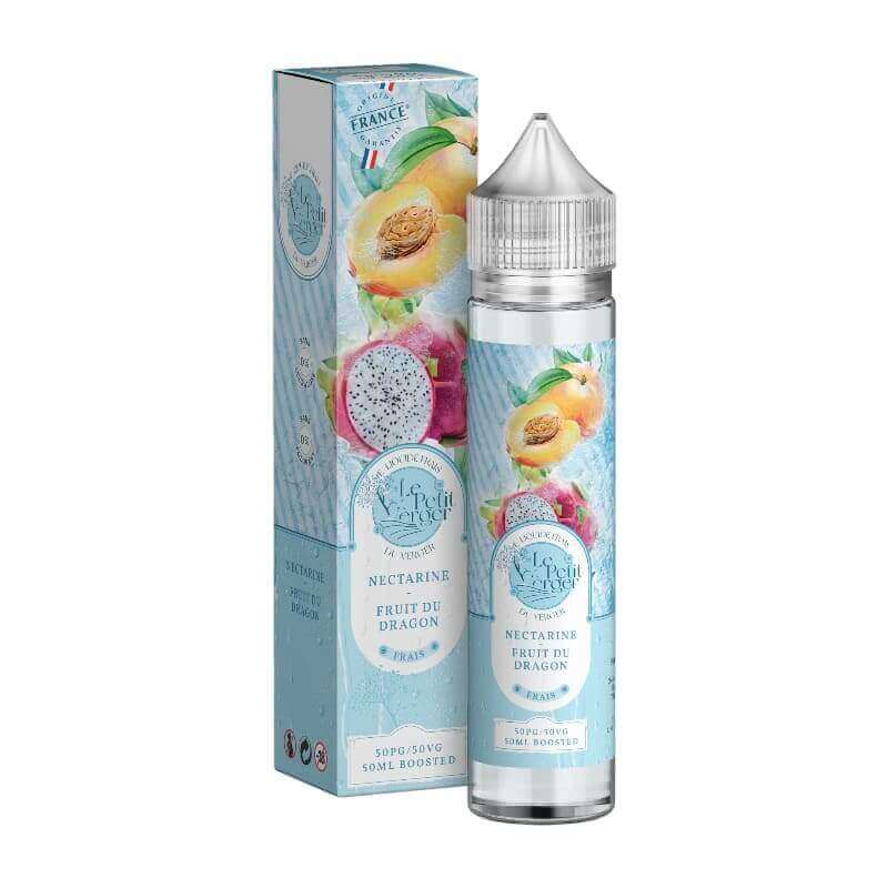Flacon de 50ml et boîte d'e-liquide Le Petit Verger Nectarine Fruit du Dragon avec illustrations de fruits frais.