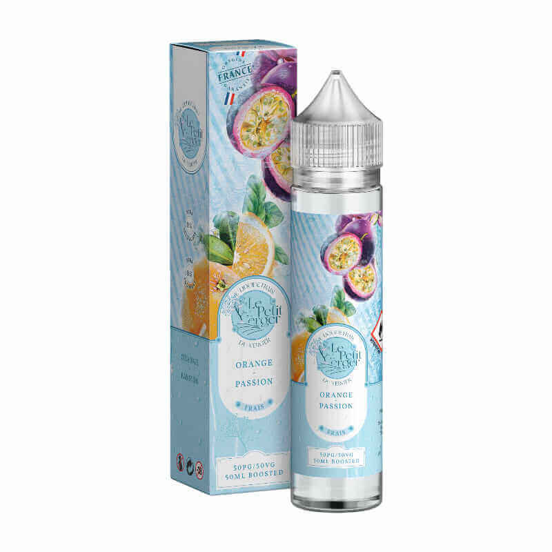 Flacon de 50ml et boîte Le Petit Verger Orange Passion illustrés de fruits frais sur fond bleu clair.
