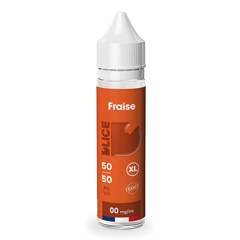 Flacon de e-liquide D'lice Fraise 50ml avec étiquette orange, bouchon blanc et indications PG/VG 50/50.