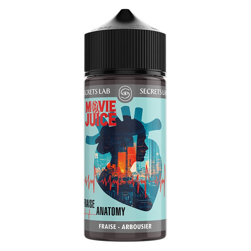 Flacon de 100ml Fraise Anatomy Secret's Lab avec étiquette illustrée d'un cœur, d'une silhouette urbaine et bouchon noir.