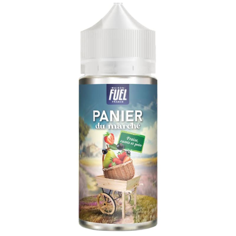 Flacon de 100ml d'e-liquide Maison Fuel Panier du Marché avec étiquette illustrée d'un panier de fruits sur fond champêtre.